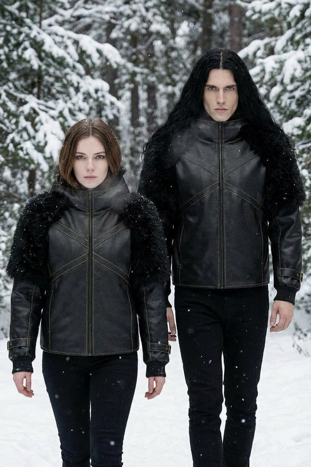 Veste noire streetwear inspirée des univers nordiques et médiévaux, portée en environnement enneigé, idéale pour un look hiver sombre et affirmé.