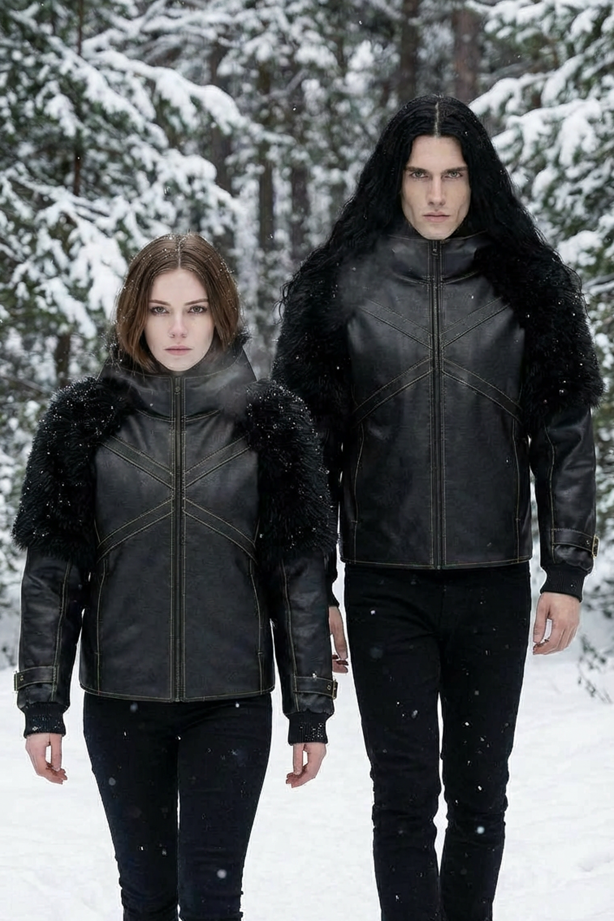 Veste noire streetwear inspirée des univers nordiques et médiévaux, portée en environnement enneigé, idéale pour un look hiver sombre et affirmé.