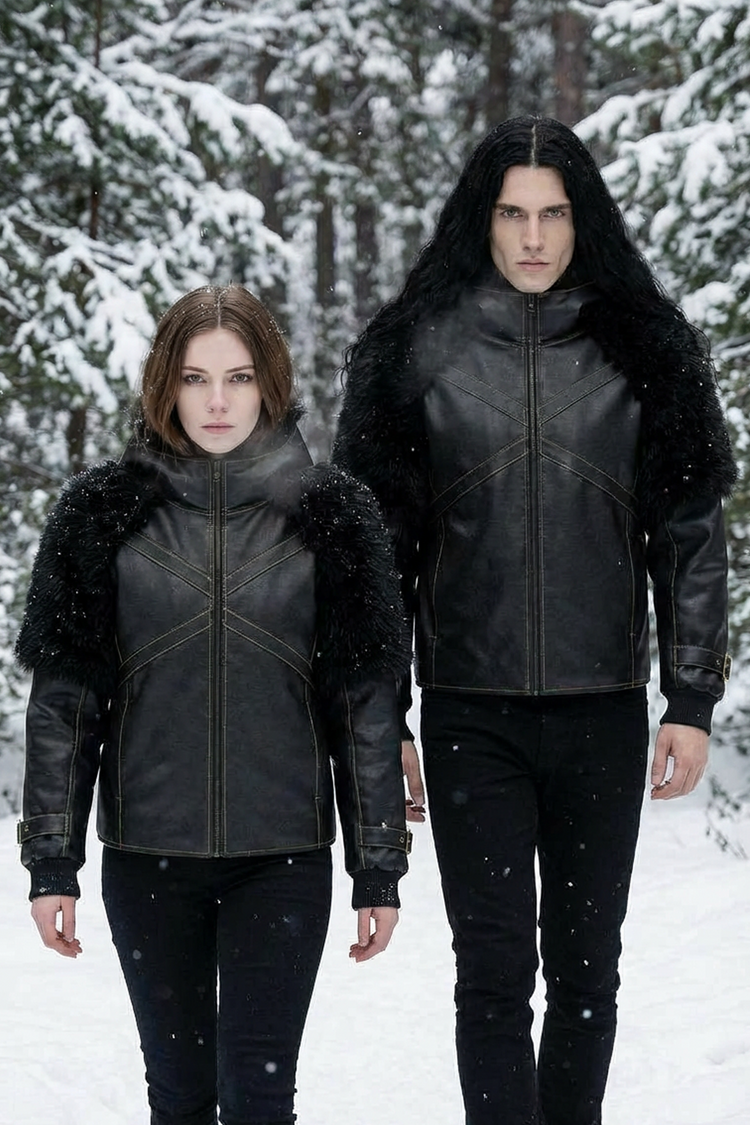 Veste noire streetwear inspirée des univers nordiques et médiévaux, portée en environnement enneigé, idéale pour un look hiver sombre et affirmé.