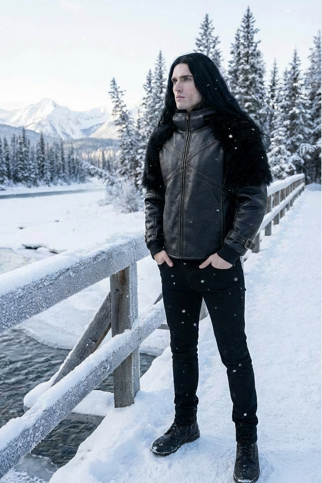 Veste noire streetwear inspirée des univers nordiques et médiévaux, portée en environnement enneigé, idéale pour un look hiver sombre et affirmé.
