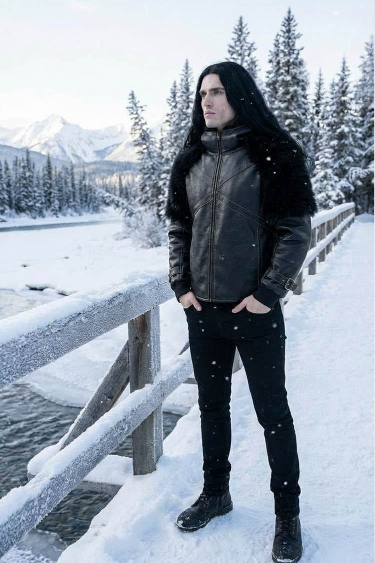 Veste noire streetwear inspirée des univers nordiques et médiévaux, portée en environnement enneigé, idéale pour un look hiver sombre et affirmé.