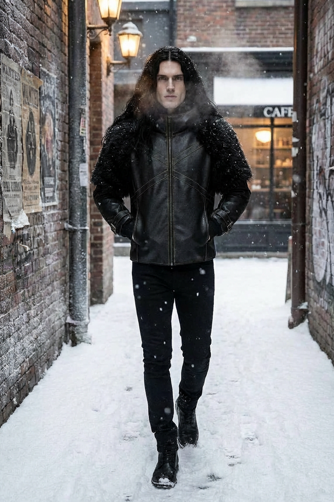 Homme portant une veste streetwear noire d’inspiration nordique et fantasy, en cuir vegan et fourrure synthétique, dans un décor hivernal urbain sous la neige.