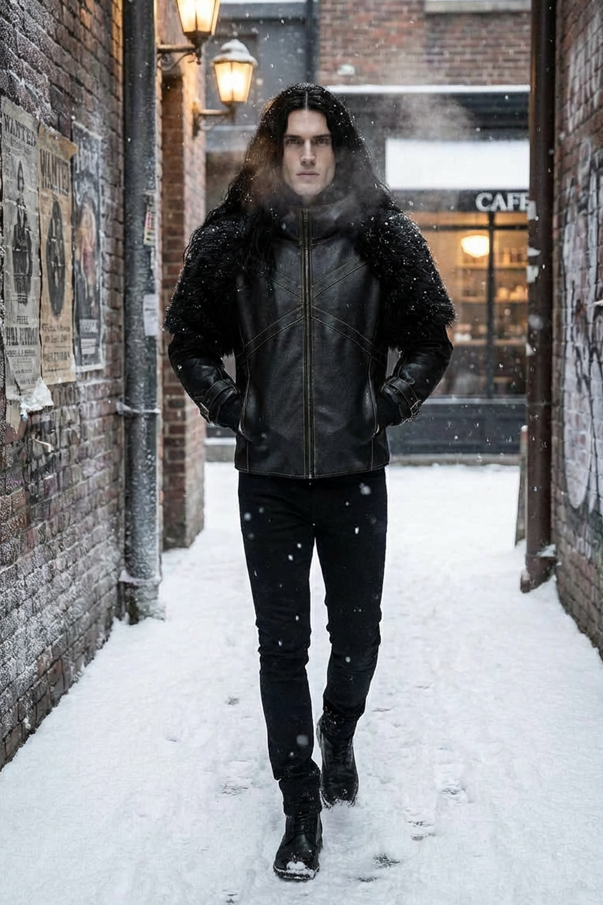 Homme portant une veste streetwear noire d’inspiration nordique et fantasy, en cuir vegan et fourrure synthétique, dans un décor hivernal urbain sous la neige.