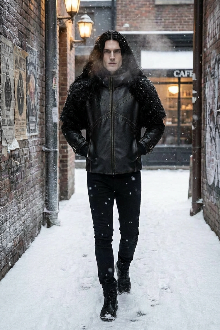 Homme portant une veste streetwear noire d’inspiration nordique et fantasy, en cuir vegan et fourrure synthétique, dans un décor hivernal urbain sous la neige.