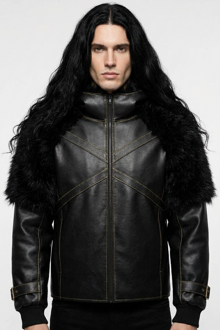 Veste streetwear noire d’inspiration nordique et fantasy, cuir vegan, fourrure synthétique, coupe moderne pensée pour un look sombre et hivernal.