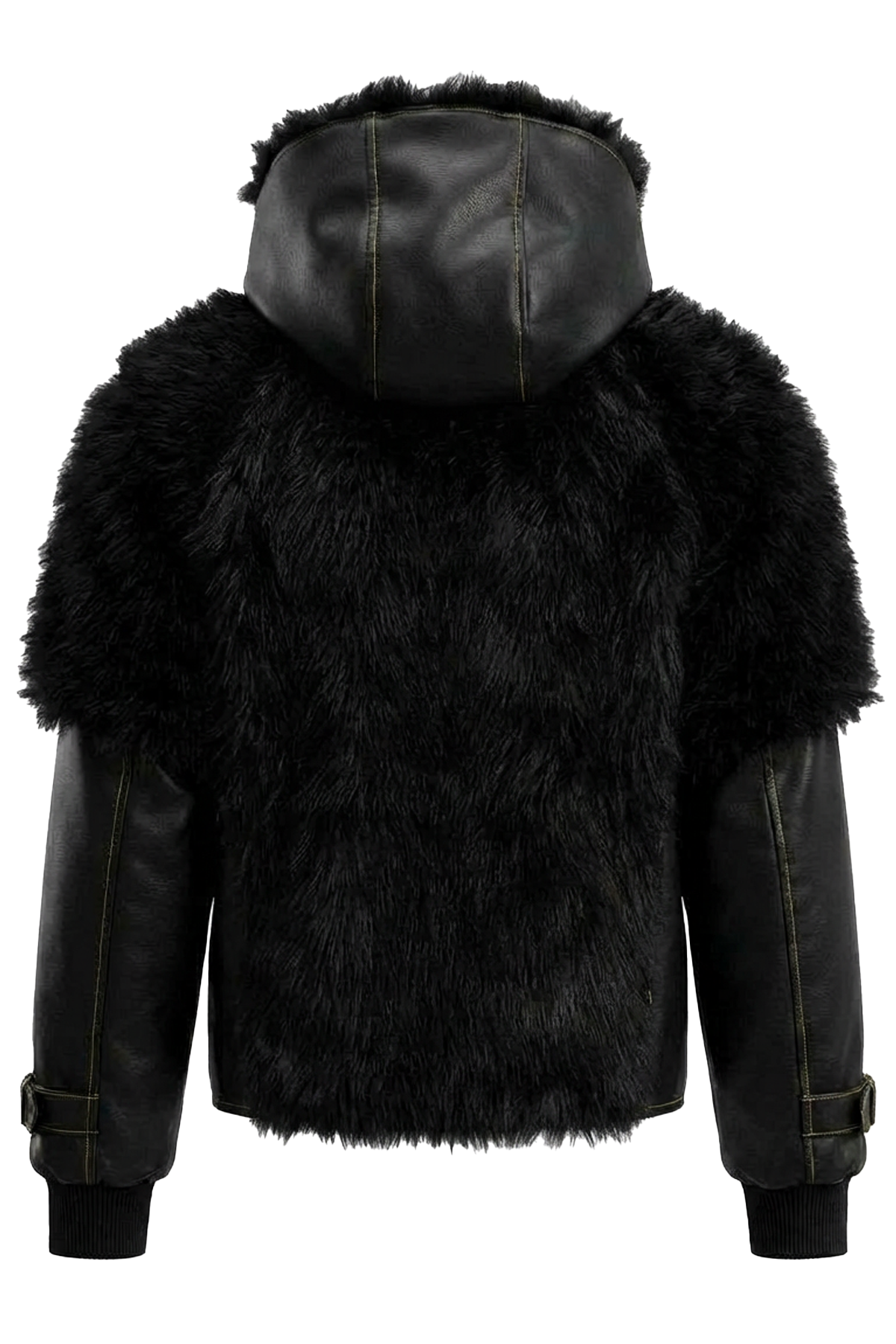 Vue arrière d’une veste streetwear noire d’inspiration nordique, en cuir vegan avec empiècements en fourrure synthétique, silhouette sombre et hivernale.