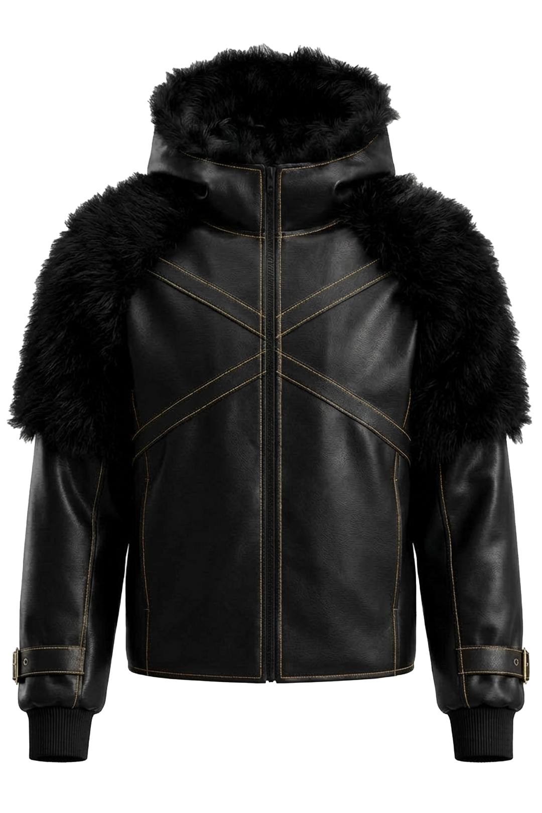 Veste streetwear noire inspirée des univers nordiques et fantasy, cuir vegan premium, fourrure synthétique sur les épaules, design sombre et structuré.