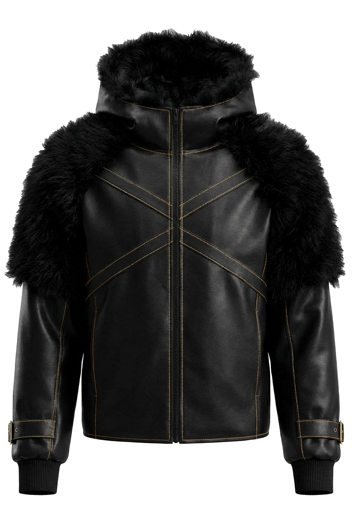 Veste streetwear noire inspirée des univers nordiques et fantasy, cuir vegan premium, fourrure synthétique sur les épaules, design sombre et structuré.