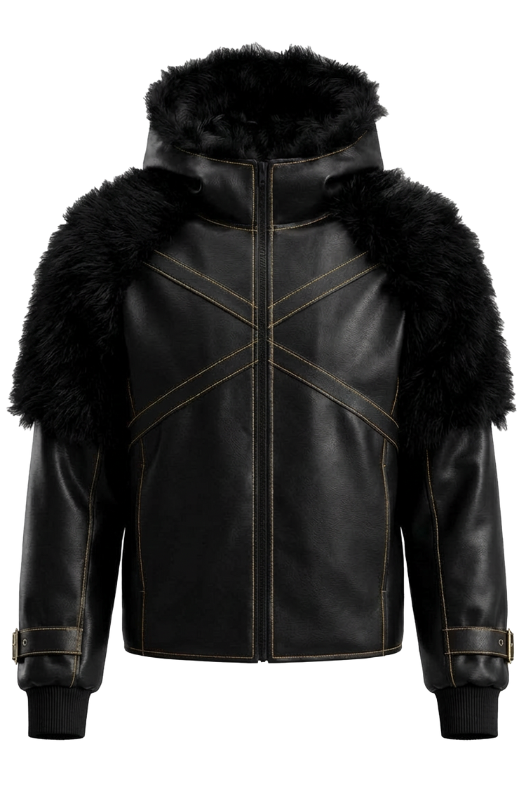 Veste streetwear noire inspirée des univers nordiques et fantasy, cuir vegan premium, fourrure synthétique sur les épaules, design sombre et structuré.