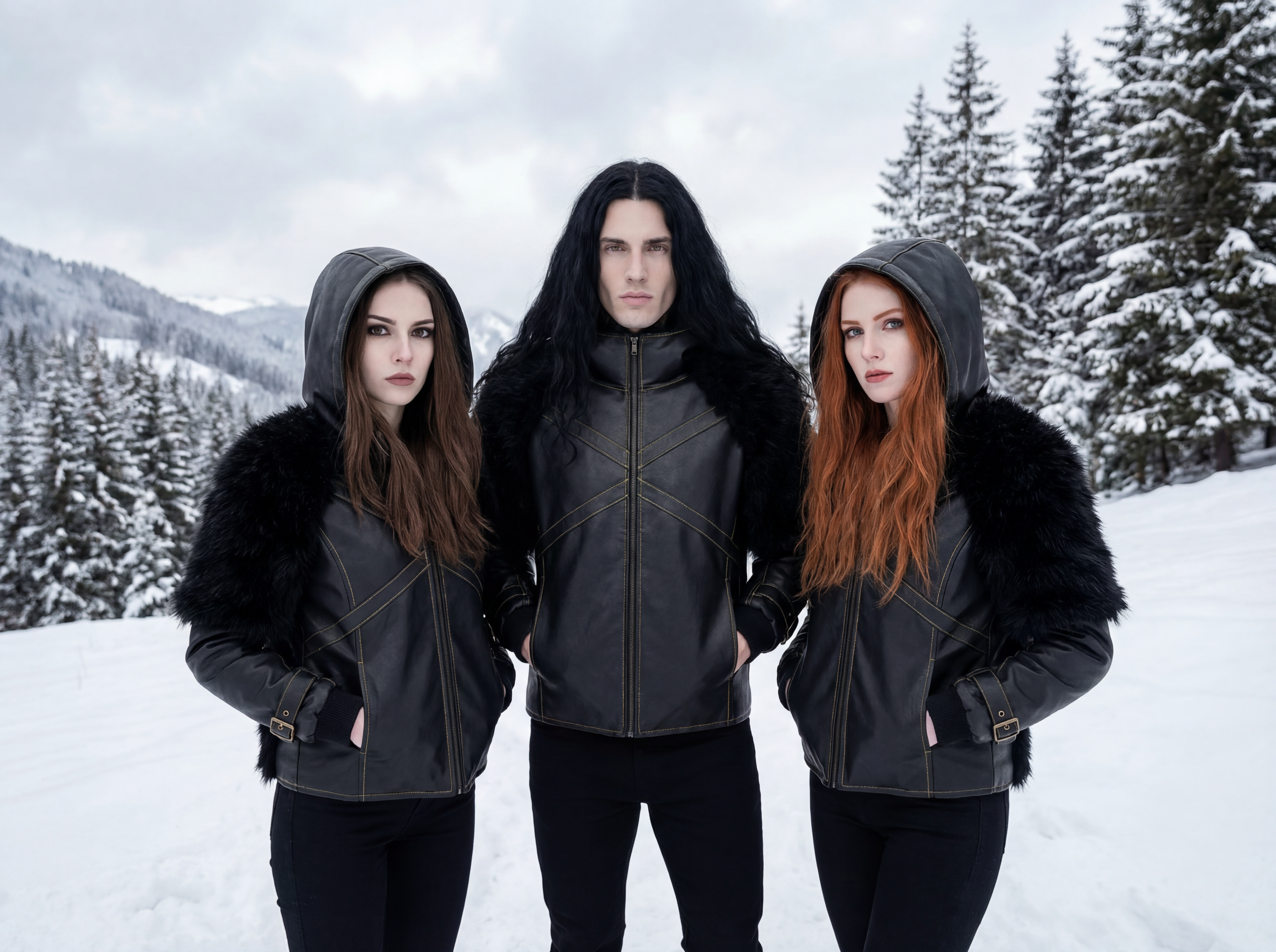 Trois modèles portant une veste streetwear noire d’inspiration nordique et fantasy, en cuir vegan et fourrure synthétique, dans un décor montagneux enneigé, style hivernal sombre et affirmé.