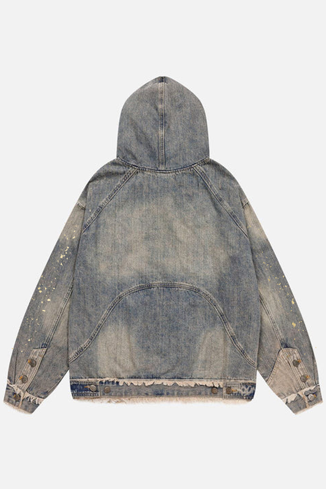 The back view of the Kaizo-Ku distressed denim hoodie showcasing frayed edges and a rugged vintage aesthetic. Perfect for streetwear enthusiasts.