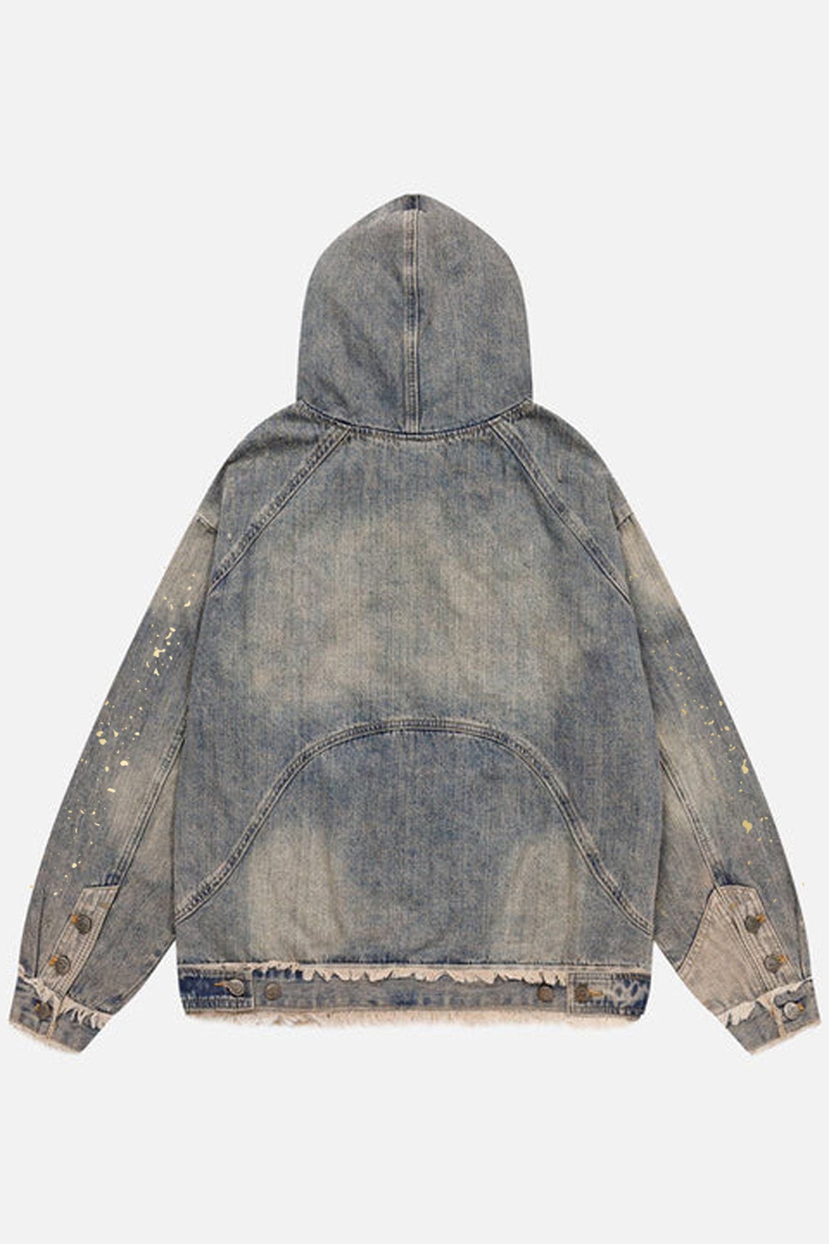 The back view of the Kaizo-Ku distressed denim hoodie showcasing frayed edges and a rugged vintage aesthetic. Perfect for streetwear enthusiasts.