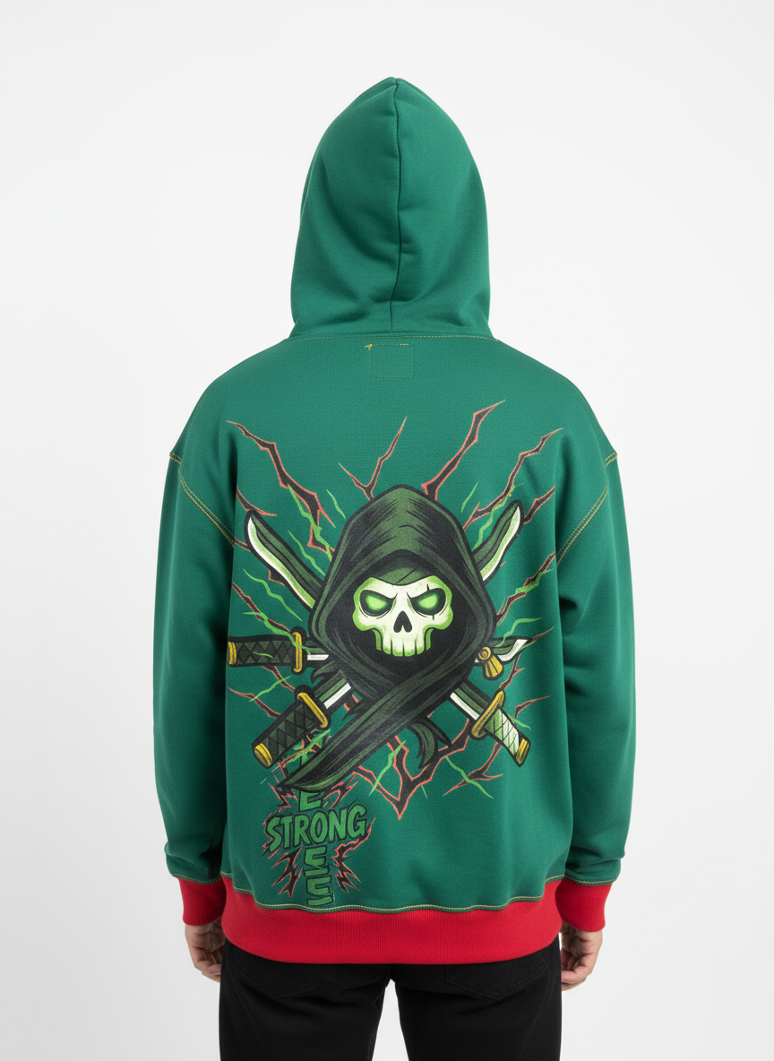 Le look de dos du hoodie Zoro Kaizo-Ku – un hommage moderne au sabreur de One Piece.