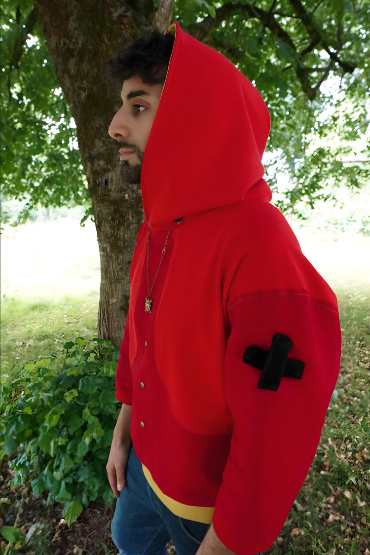 Vue de profil droite - Croix noire sur la manche du hoodie luffy de one piece fait par Kaizo-Ku