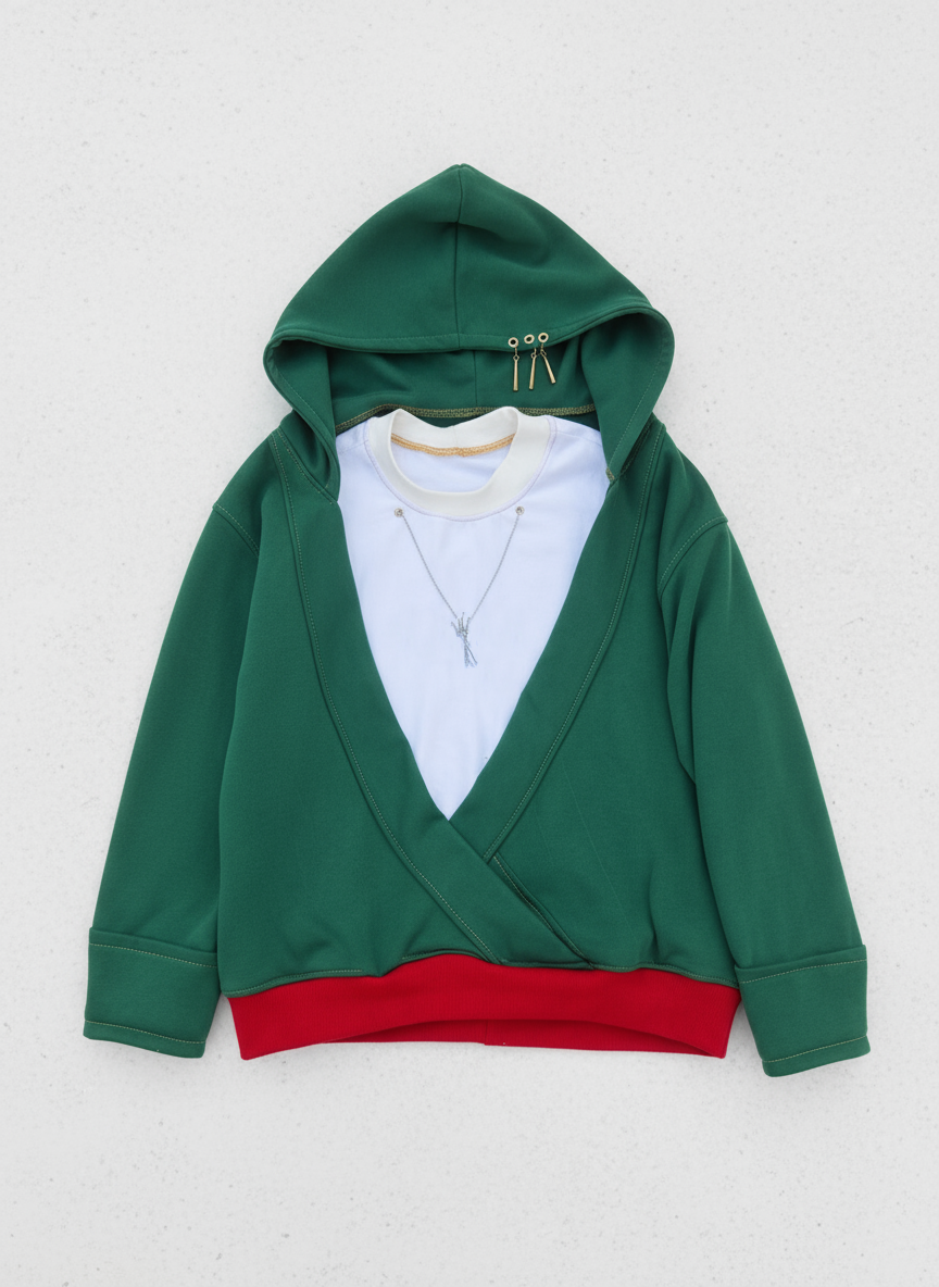 Présentation à plat du hoodie Zoro, mettant en avant le t-shirt intégré et les finitions premium.