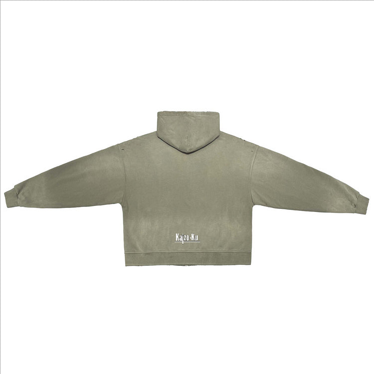 Back view of the Kaizo-Ku Vintage Faded Full-Zip Hooded Sweatshirt in Sand color, emphasizing the front pockets, zipper closure, and clean streetwear look.