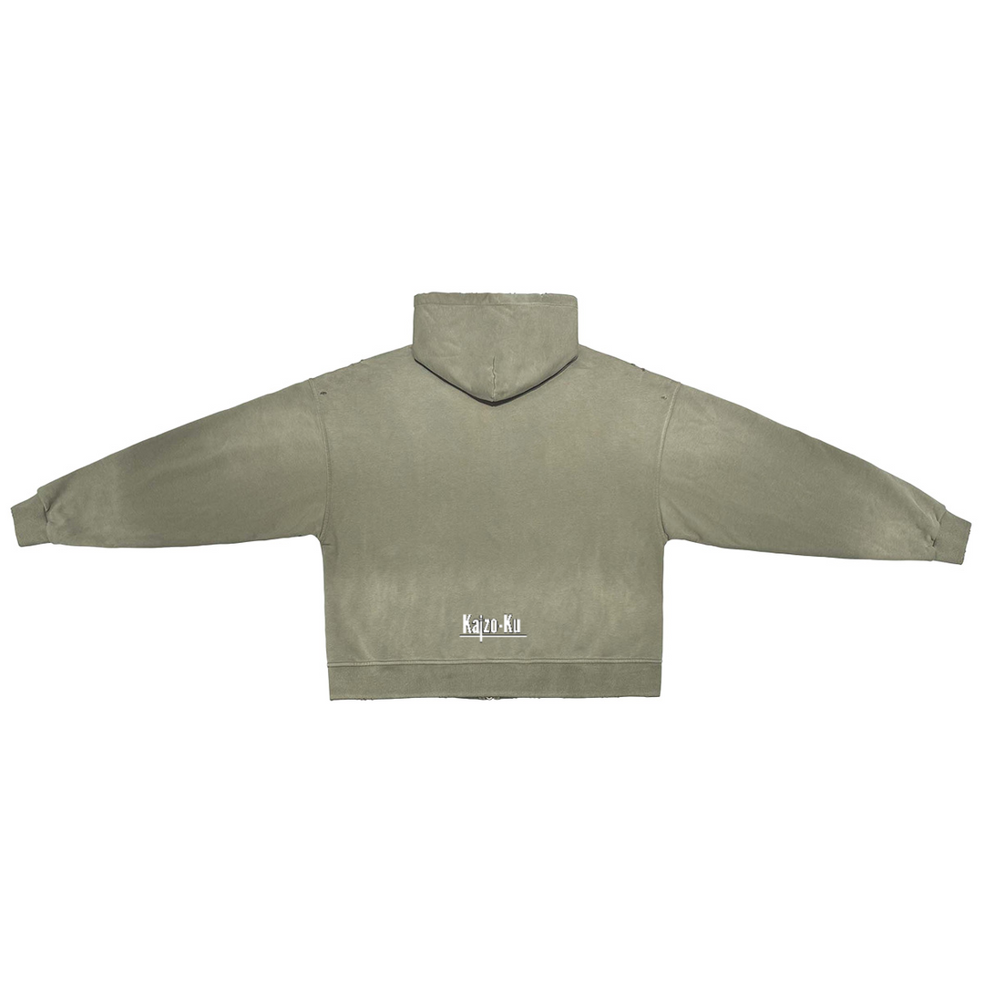 Back view of the Kaizo-Ku Vintage Faded Full-Zip Hooded Sweatshirt in Sand color, emphasizing the front pockets, zipper closure, and clean streetwear look.