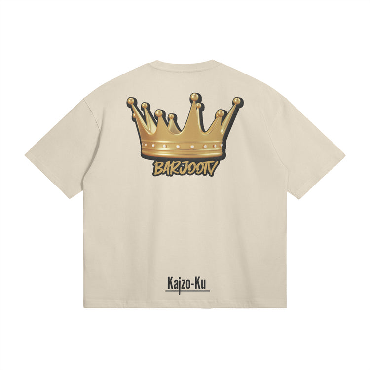 Back view of the Barjoo_Tv Oversized T-shirt in beige, showcasing the iconic golden crown graphic.