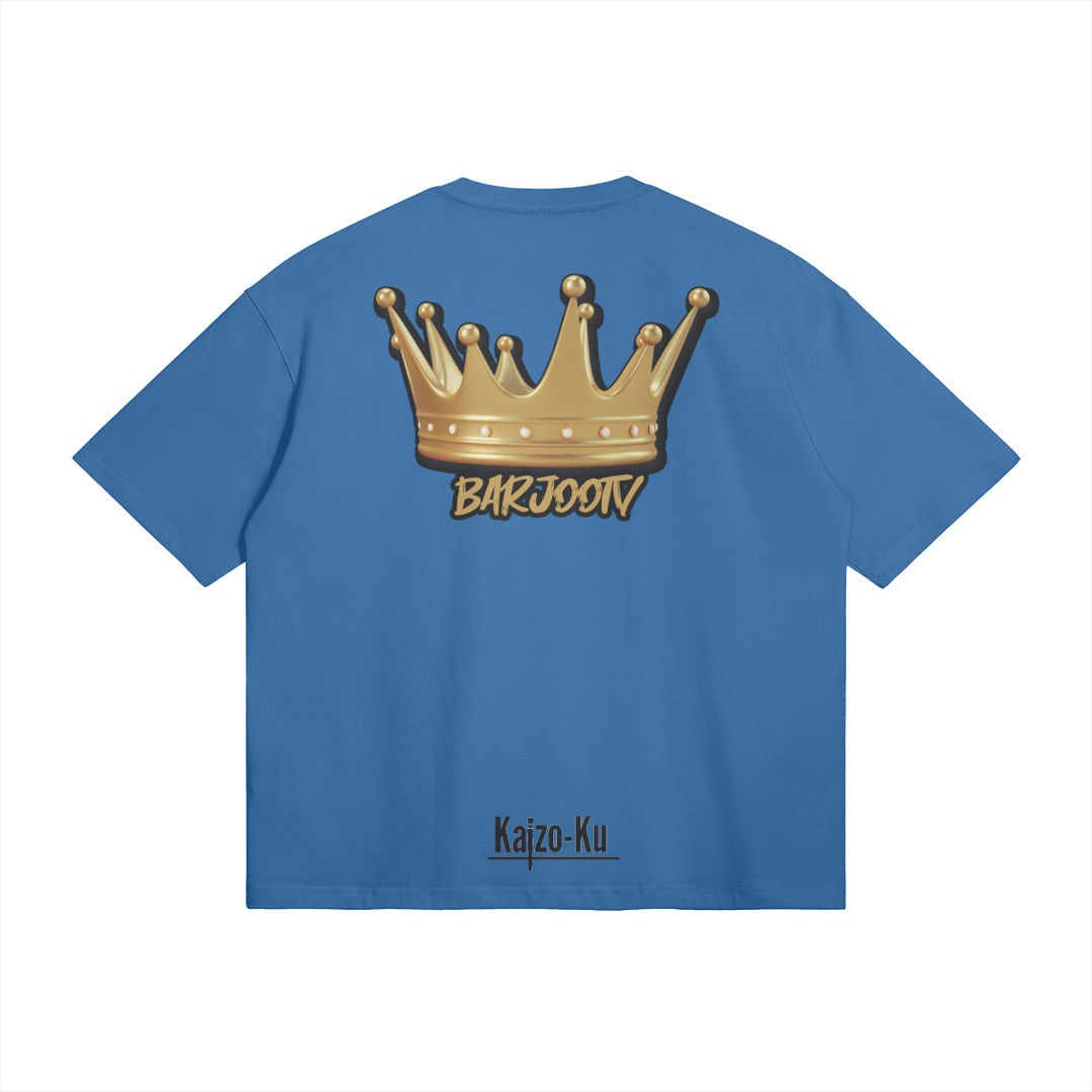 Back view of the Barjoo_Tv Oversized T-shirt in blue, showcasing the iconic golden crown graphic.