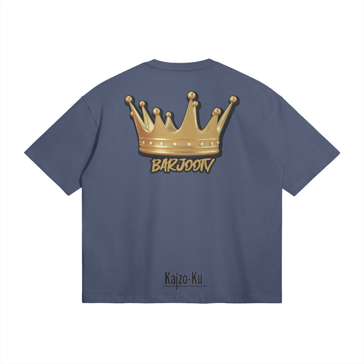 Back view of the Barjoo_Tv Oversized T-shirt in gray, showcasing the iconic golden crown graphic.