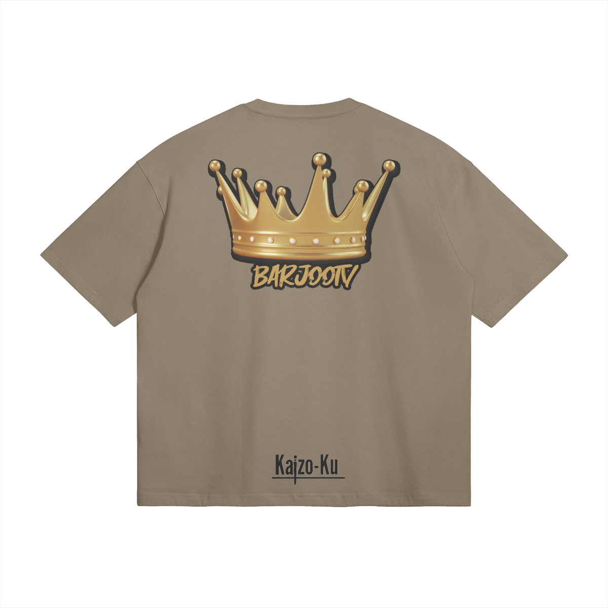 Back view of the Barjoo_Tv Oversized T-shirt in light brown, showcasing the iconic golden crown graphic.
