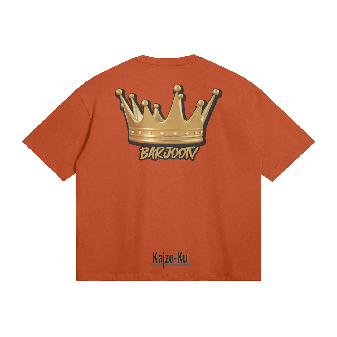 Back view of the Barjoo_Tv Oversized T-shirt in orange, showcasing the iconic golden crown graphic.