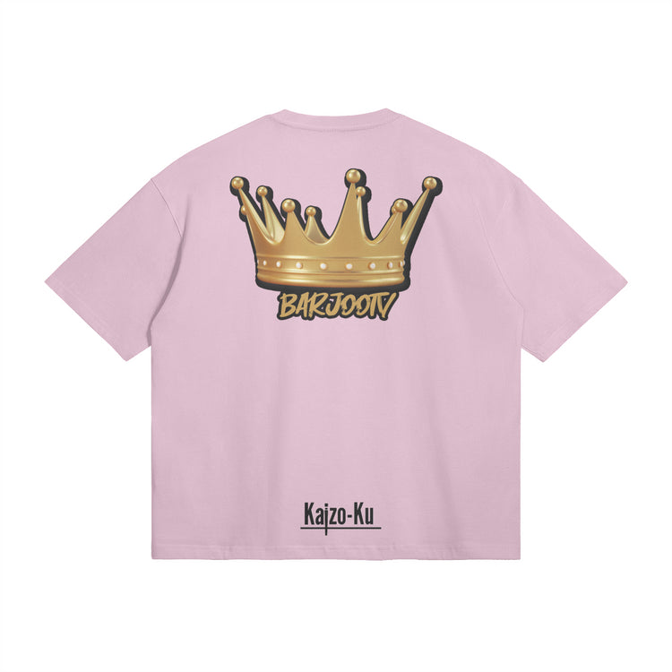 Back view of the Barjoo_Tv Oversized T-shirt in pink, showcasing the iconic golden crown graphic.