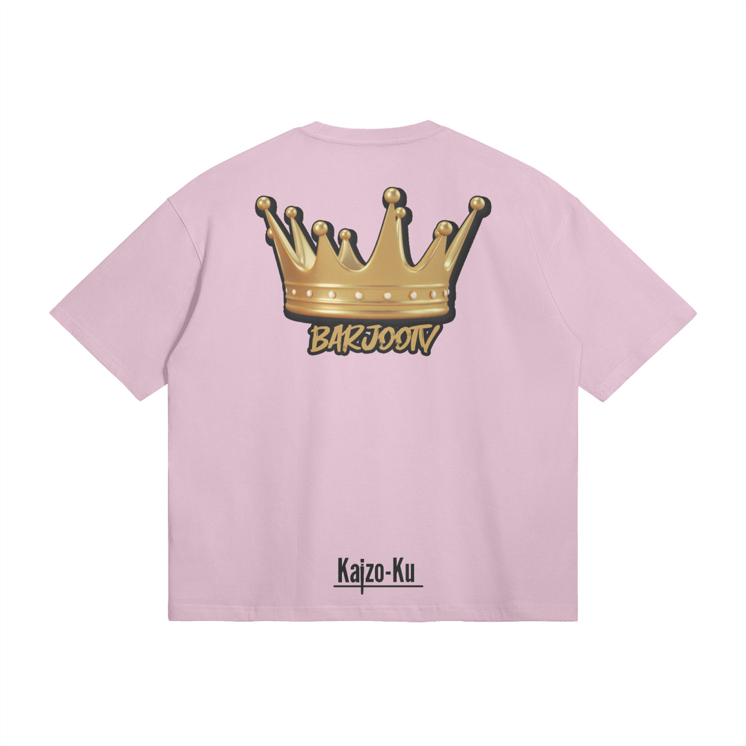 Back view of the Barjoo_Tv Oversized T-shirt in pink, showcasing the iconic golden crown graphic.