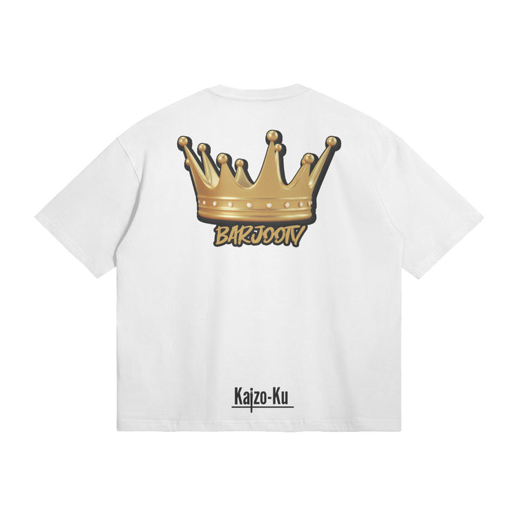 Back view of the Barjoo_Tv Oversized T-shirt in white, showcasing the iconic golden crown graphic.