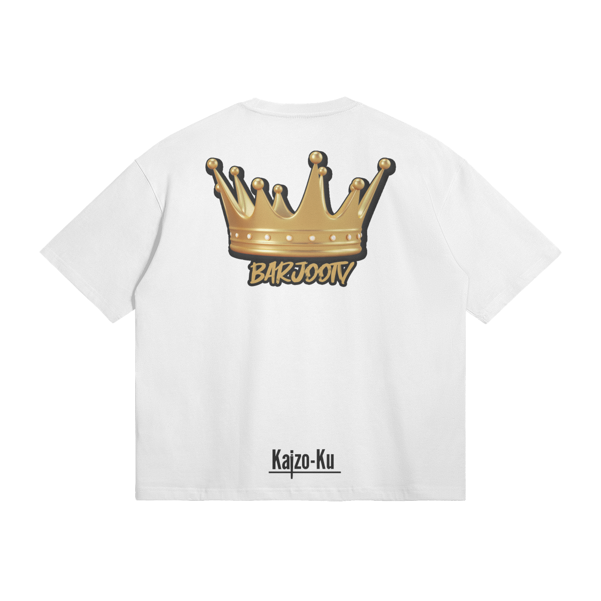 Back view of the Barjoo_Tv Oversized T-shirt in white, showcasing the iconic golden crown graphic.