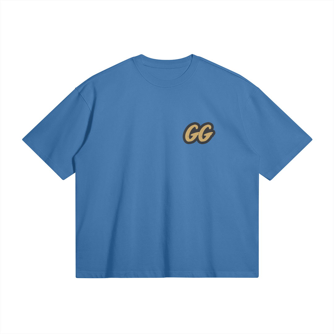 Front view of the Barjoo_Tv Oversized T-shirt in blue, featuring the sleek "GG" emblem.