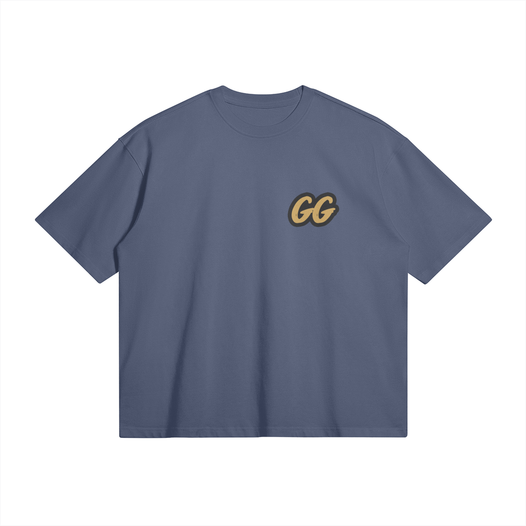 Front view of the Barjoo_Tv Oversized T-shirt in gray, featuring the sleek "GG" emblem.