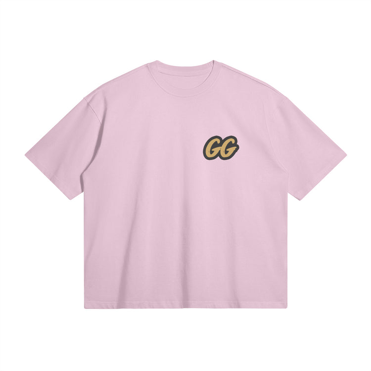 Front view of the Barjoo_Tv Oversized T-shirt in pink, featuring the sleek "GG" emblem.