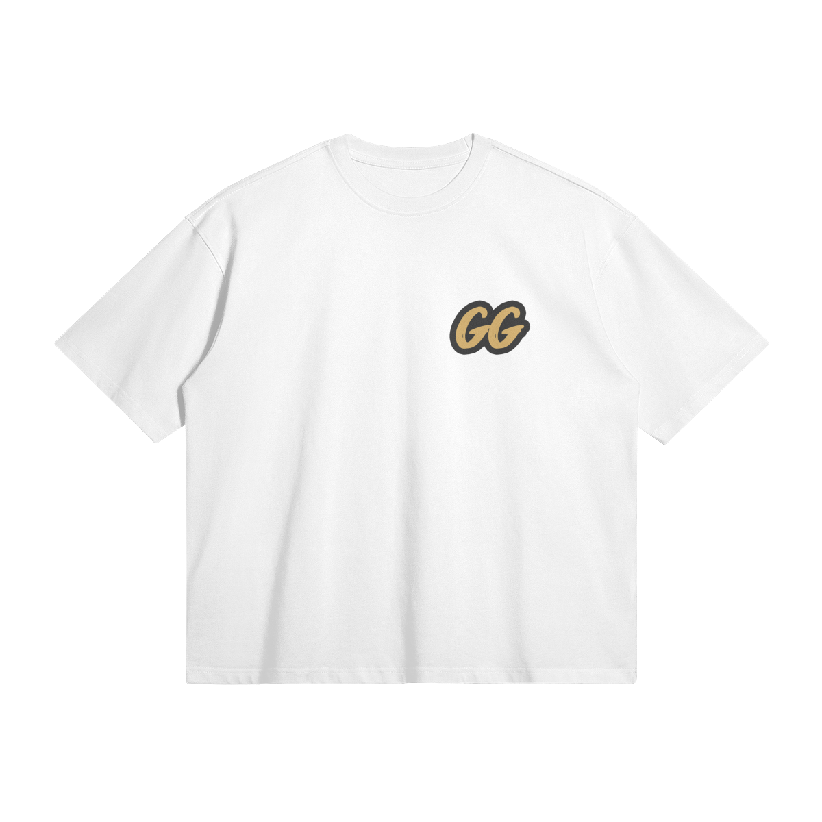 Front view of the Barjoo_Tv Oversized T-shirt in white, featuring the sleek "GG" emblem.