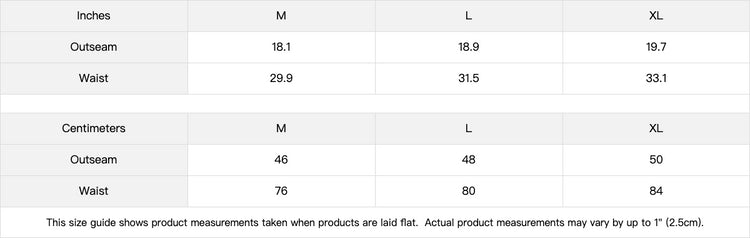 Detailed size guide for Kaizo-Ku's vintage black cargo shorts, ensuring the perfect fit for all body types. Featuring measurements for waist, hip, and length for accurate sizing.