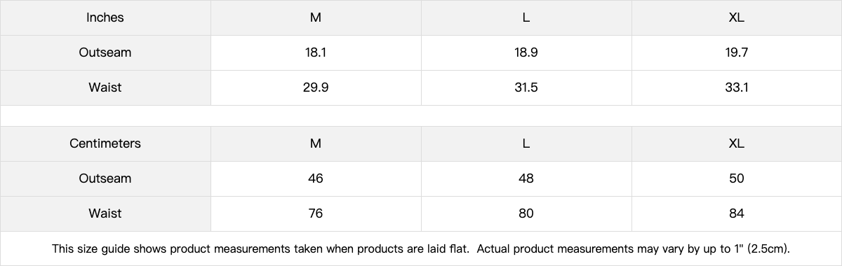 Detailed size guide for Kaizo-Ku's vintage black cargo shorts, ensuring the perfect fit for all body types. Featuring measurements for waist, hip, and length for accurate sizing.