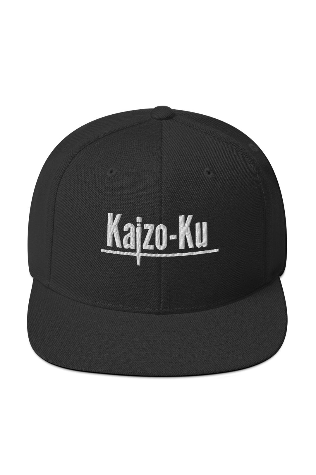 Front view of the Kaizo-Ku Classic Snapback in Black, showcasing the bold, embroidered Kaizo-Ku logo on a sleek black fabric, a must-have streetwear piece.