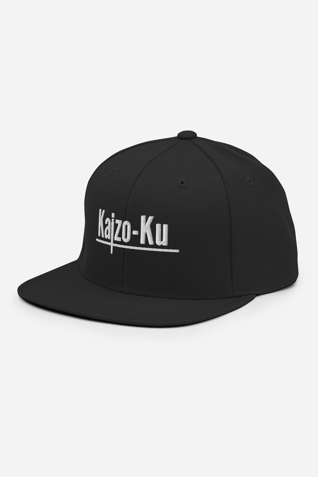 left angle profile of the Kaizo-Ku Classic Snapback in Black, highlighting the clean lines and iconic logo design for an urban, minimalist look.