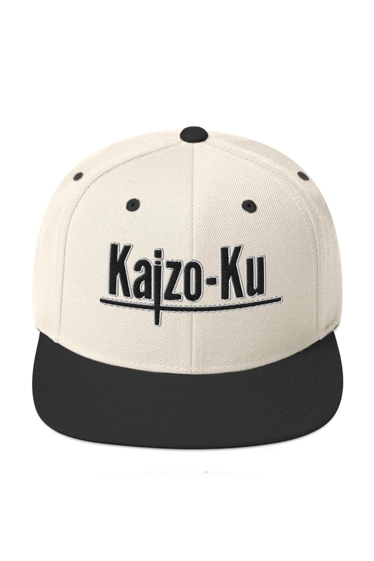 Cream and black Kaizo-Ku Snapback Cap with bold embroidered logo, front view showcasing premium design and quality stitching.