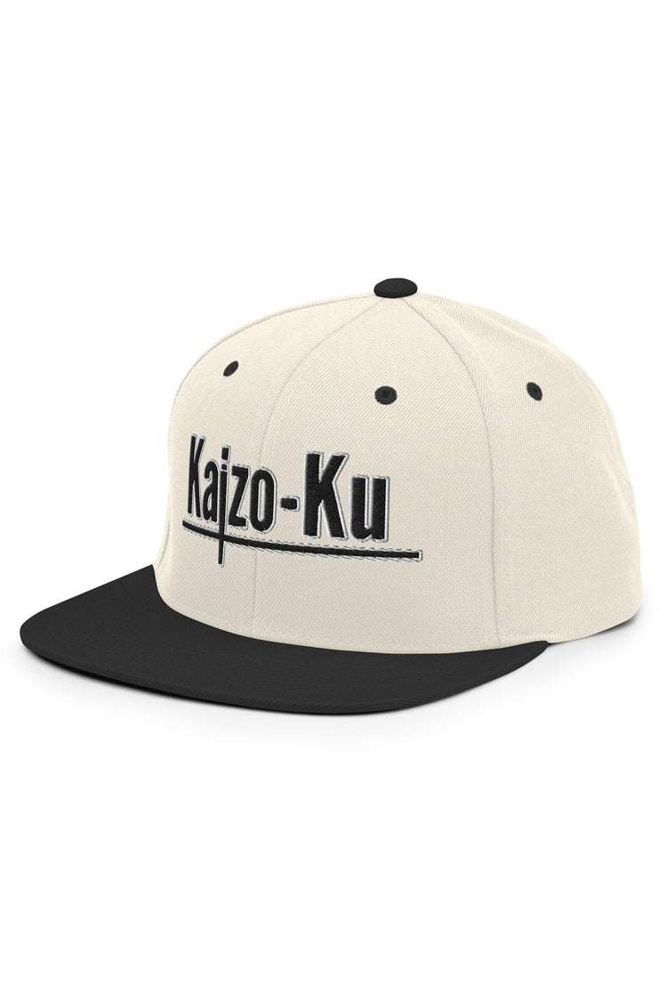 Side angle of the Kaizo-Ku Snapback Cap, highlighting the structured fit and smooth, high-quality fabric.