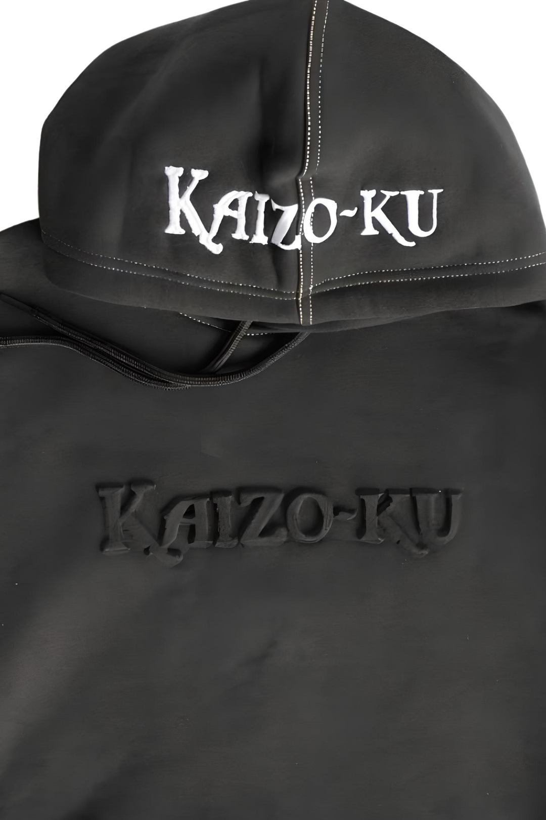 A close look up at the details of the black legacy hoodie made by kaizo-ku.