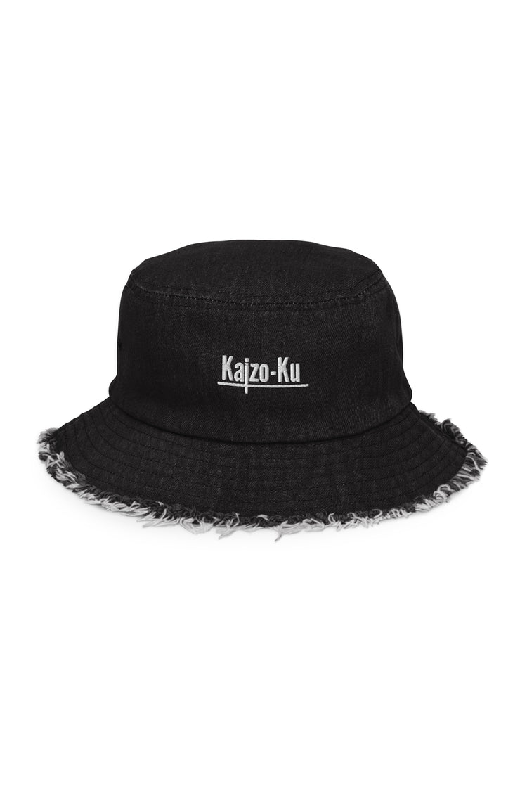 Front view of the Kaizo-Ku Distressed Denim Bucket Hat in Black, showcasing the embroidered logo and rugged, frayed edges that add an edgy touch.