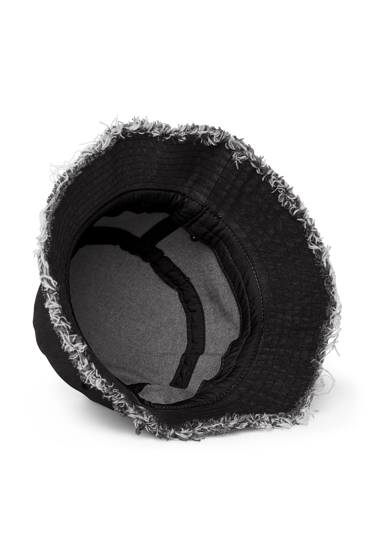 Interior view of the Kaizo-Ku Distressed Denim Bucket Hat in Black, highlighting the adjustable band for a comfortable, secure fit.