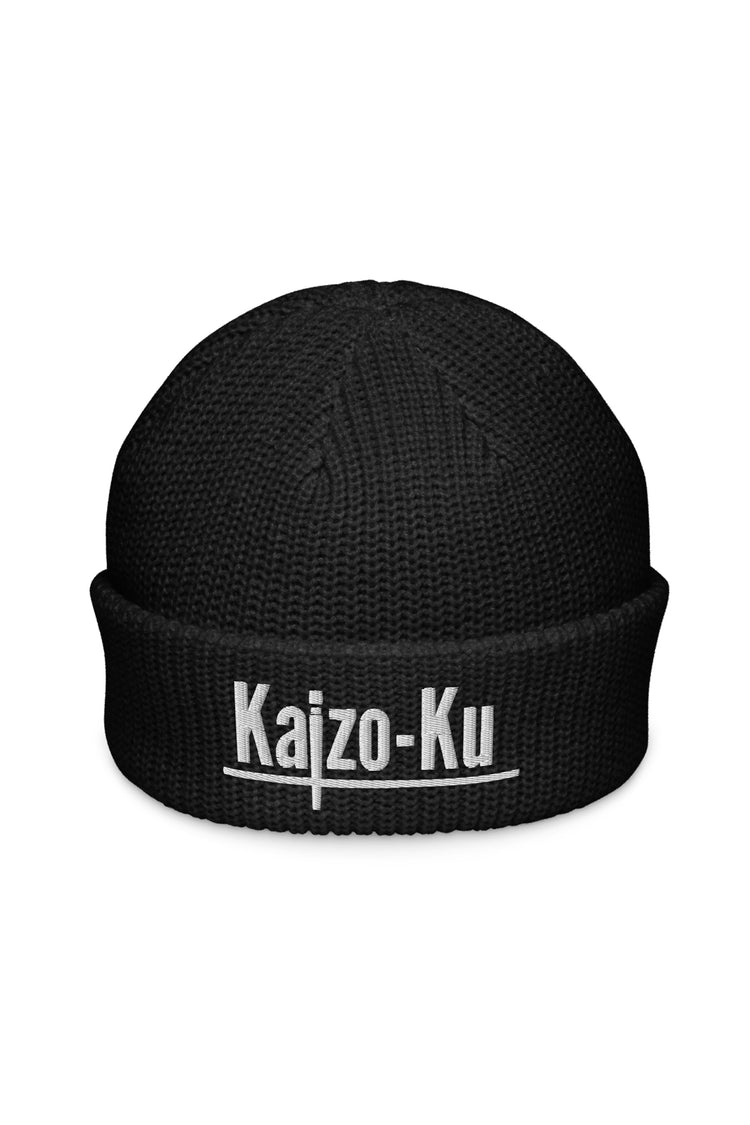 Front view of the Kaizo-Ku Fisherman Beanie in Black, showcasing the embroidered Kaizo-Ku logo on the cuff, crafted with a durable knit for an urban, stylish look.