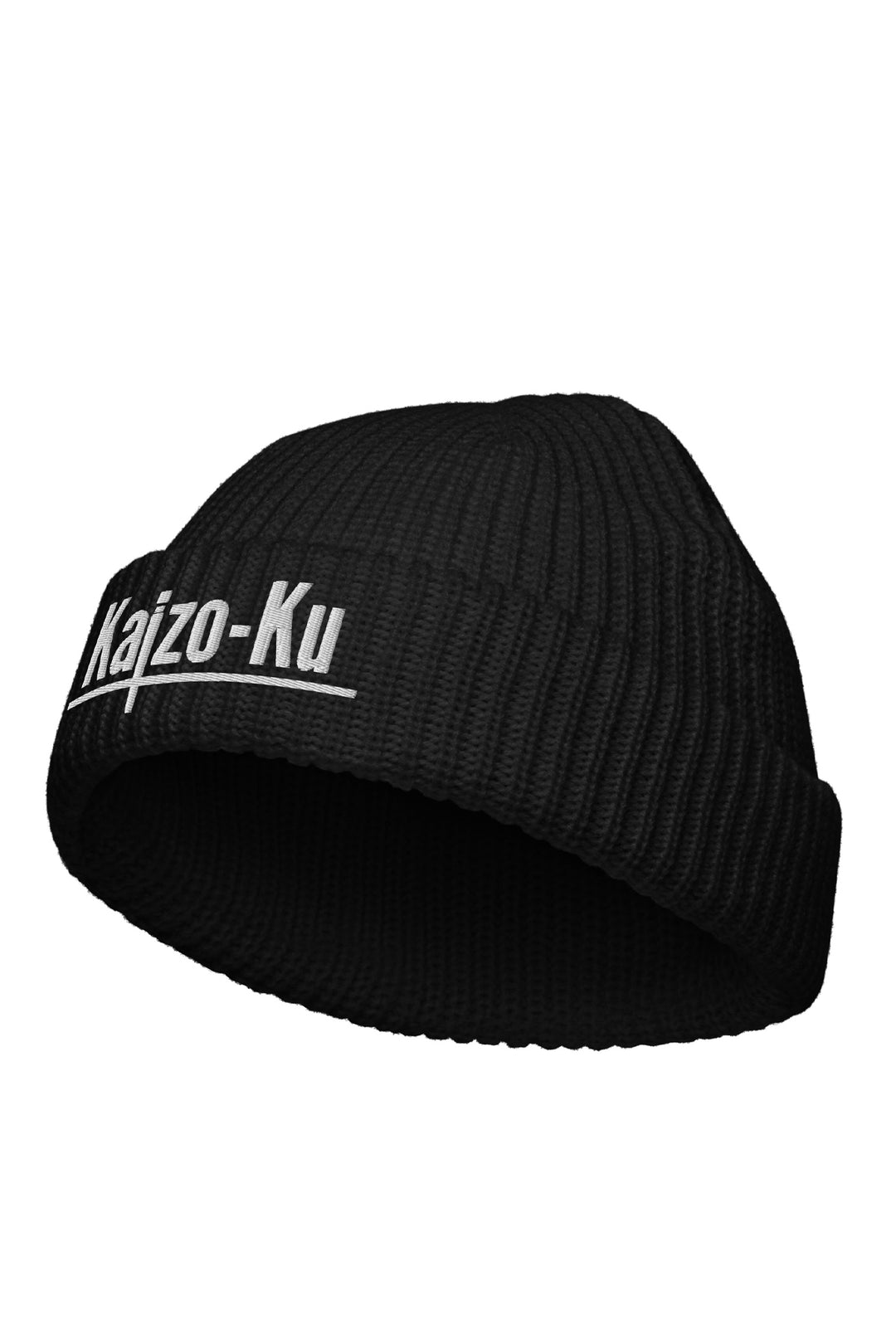 Inside view of the Kaizo-Ku Fisherman Beanie in Black, showcasing the embroidered Kaizo-Ku logo on the cuff, crafted with a durable knit for an urban, stylish look.