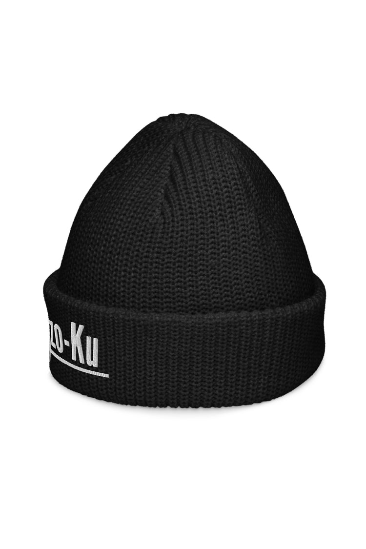 Left side view of the Kaizo-Ku Fisherman Beanie in Black, highlighting the snug fisherman style and intricate knit texture, ideal for streetwear layering.