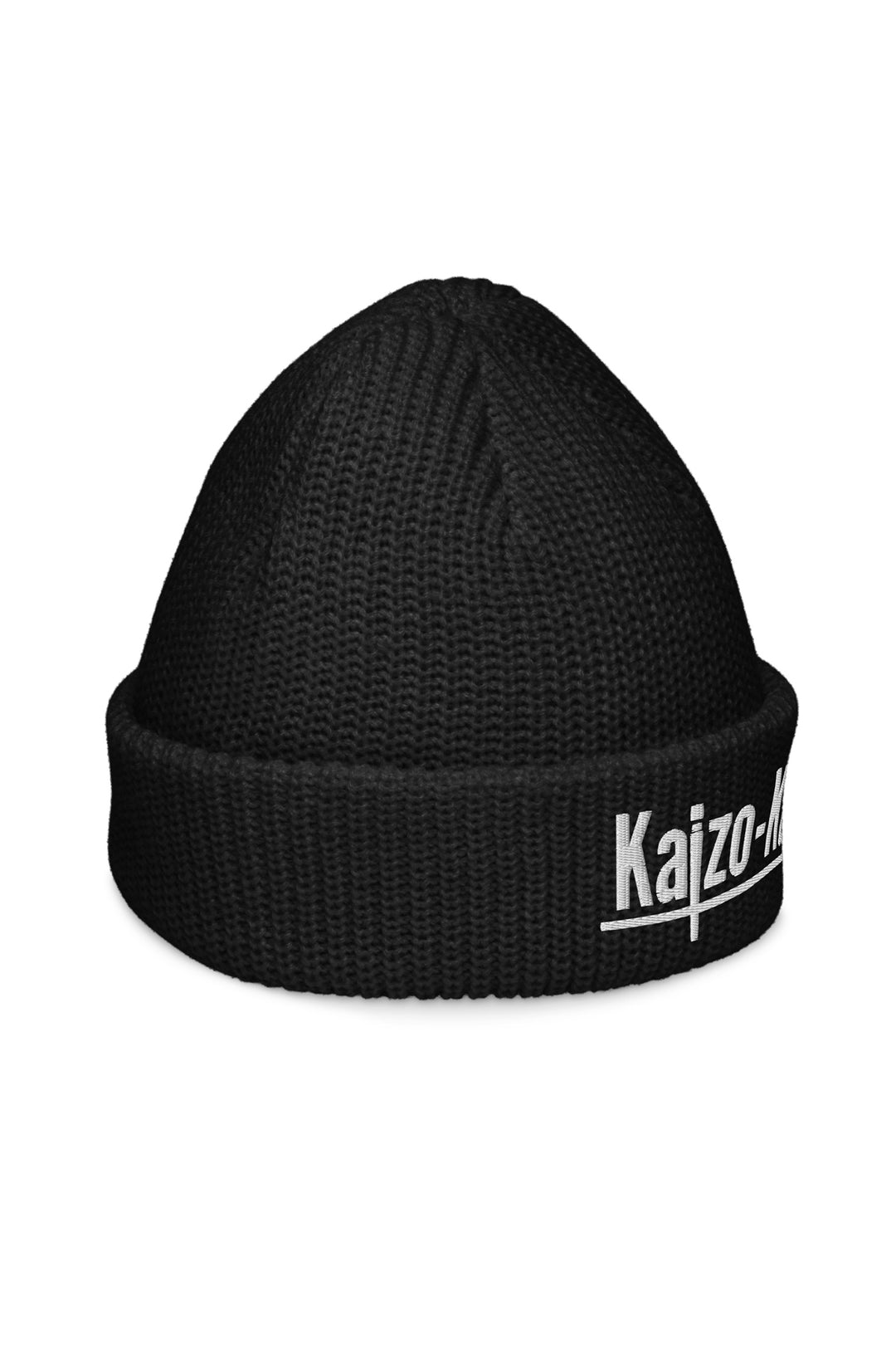 Right side view of the Kaizo-Ku Fisherman Beanie in Black, displaying the minimalist design and cozy fit, perfect for winter streetwear fashion.