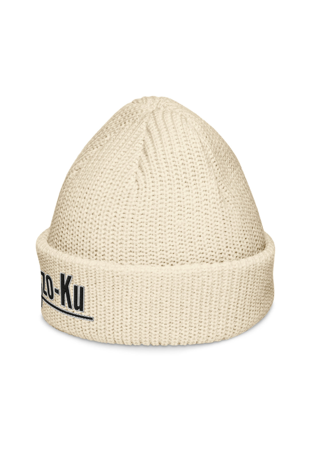 Left side view of the Kaizo-Ku Fisherman Beanie in Ecru, highlighting the snug fisherman style and fine knitting details.