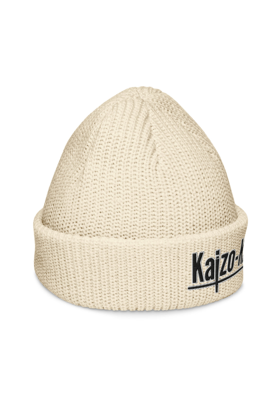 Right side view of the Kaizo-Ku Fisherman Beanie in Ecru, showing off the simple yet chic design, perfect for winter streetwear outfits.