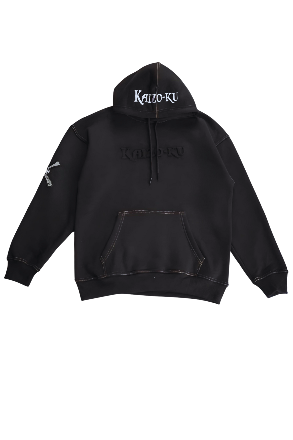 a flat front view of the black legacy hoodie made by Kaizo-ku.